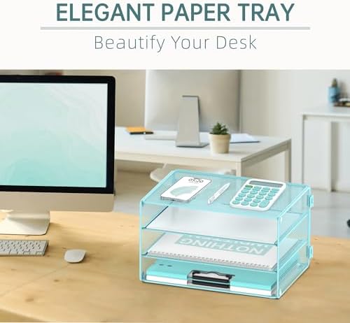 DALTACK 3 Tier Letter Tray Paper Organizer with Sliding Mesh Trays Blue