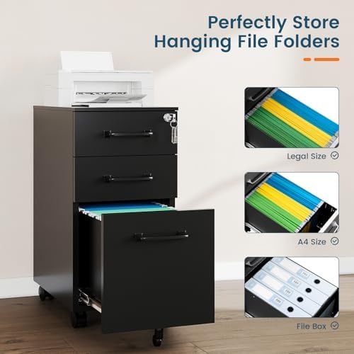 MIIIKO File Cabinet 3 Drawers on Wheels Under Desk, Black Metal File Cabinets with Lock for Home Office, Filing Cabinet with Lock(Un-Assembled)