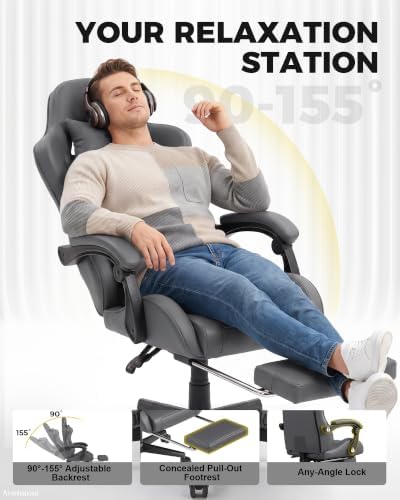 LUCKRACER Gaming Chair with Pocket Spring Cushion and Footrest, PU Leather 90°-155° Reclining Computer Chair, 4.5" Height Adjustment, Ergonomic Office Chair with Lumbar Support, Dark Gray