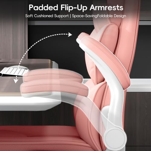 Vonesse Office Chair, Desk Chair with Flip-up Armrests, Gaming Chair with Double-Layered Soft Backrest,PU Leather Computer Executive Chair with Breathable Seat Cushion (Pink)