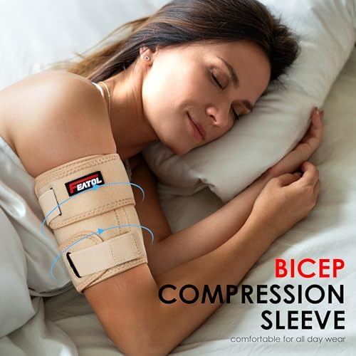 FEATOL Bicep Tendonitis Brace with 2 Gel Ice Packs, Upper Arm Brace Tricep Compression Sleeve Support Hot & Cold Therapy for Men and Women, Pain Relief for Muscle Strains,Inflammation (Beige with 2 ice packs, Small)