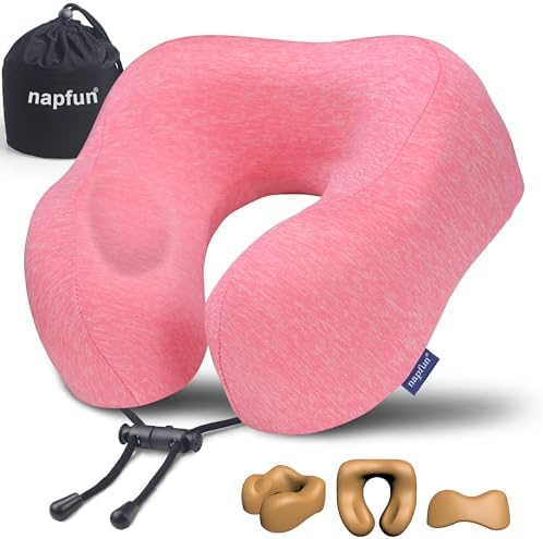 napfun Neck Pillow for Travel, Memory Foam Airplane Pillow, Rose
