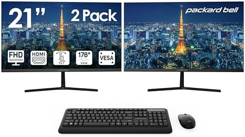Packard Bell airFrame 21" FHD Monitors + Wireless Keyboard & Mouse, VESA Mount Compatible, HDMI/VGA, Tilt, Slim Bezel, for Home, Office, Light Gaming – 2 Pack