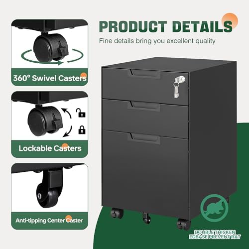 Letaya 3 Drawer Mobile File Cabinet with Lock,Under Desk Metal Small Filing Cabinets for Home Office Organizer Letters/Legal/A4(Fully Assembled Except Wheels-Black)