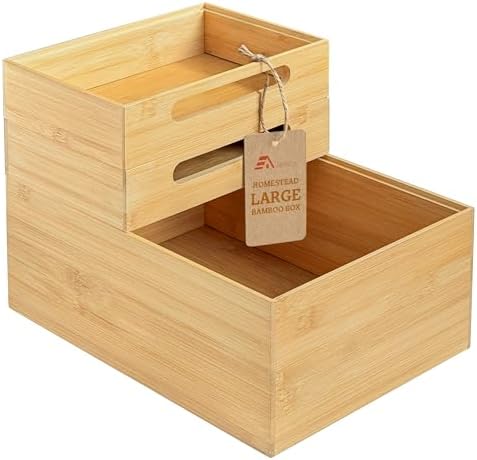 HOMESTEAD 3-Piece Stackable Bamboo Storage Box, Large Storage Bin, Wooden Boxes for Makeup Drawer Organizer Bathroom, Office Supplies, Kitchen Utensils, Bamboo Storage Containers