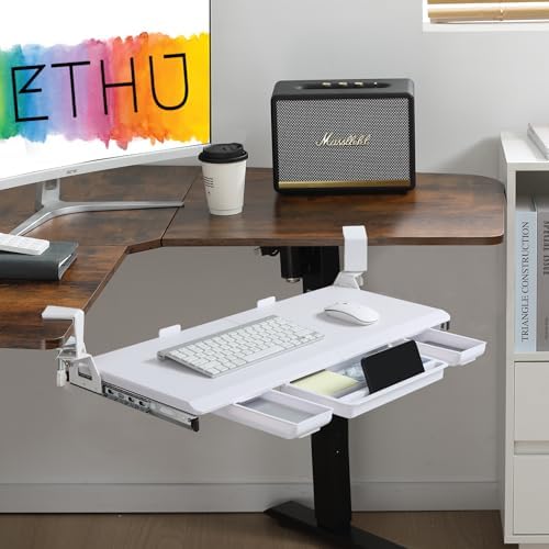 ETHU Corner Keyboard Tray Under Desk with Metal Rail, 26.8x11.8", White
