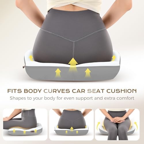 Coverado Seat Cushion for Car Truck Driver, Ergonomic Memory Foam Chair Cushions for Sciatica & Tailbone Pain Relief Cushion Butt Cushion for Long Sitting, Driver Office Seat Cushion Gray&Light Gray
