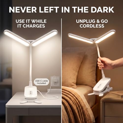 OTUS Clip On Desk Lamp, Rechargeable Dual Light Bar, Cordless Reading Light