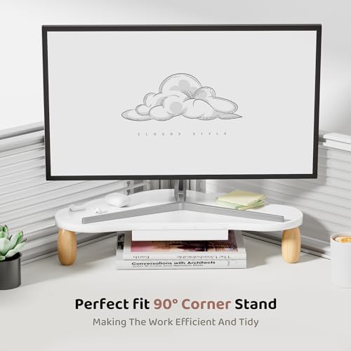 AFOOYO Monitor Stand Riser,Cloud-Shaped Sturdy Wood 16.5In Computer Monitor Riser Wirh Drawer, Multi-Purpose Desktop Organizer Riser for Computer,Laptop,Printer,TV,White
