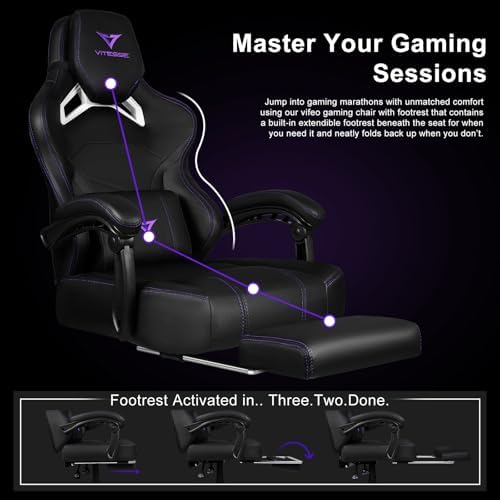 VITESSE Big and Tall Gaming Chair 400lb Weight Capacity with Footrest, Ergonomic Video Game Chair for Adults with Oversized Headrest and Lumbar Pillow, Computer Chair Gaming for Office (Black+Purple)