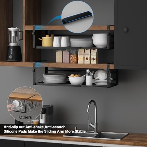 AmonHouseware 2Pack Expandable Under Shelf Storage Basket Organizer,Black