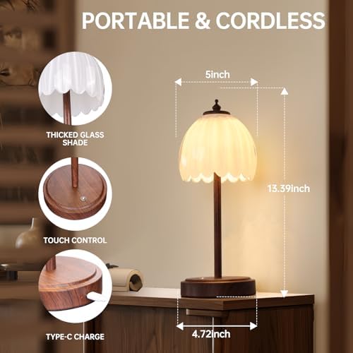 Shenmoyl Tulip Table Lamp with 5200mAh Battery & Touch Control, Small Cordless Table Lamp with 3 Colors, Rechargeable Battery Operated Table Lamps for Bedroom, Desk, Bedside (White-Walnut Color)