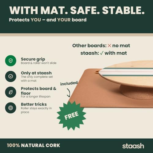 STAASH® Balance Board Full Kit – Premium Birch Wood Trainer with Cork Roller, Balance Disc, Massage Ball & Anti-Slip Mat – Core Strength, Surf, Snowboard & Rehab Training – All-In-One Set