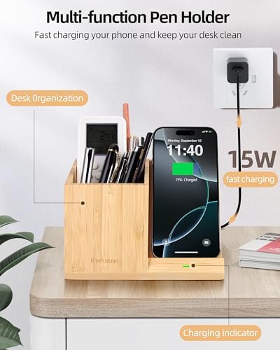 3-in-1 Bamboo Wireless Charger with Desk Organizer, Pen Holder for Desk