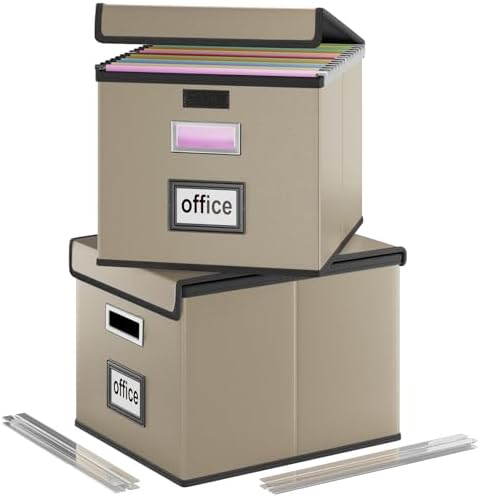Foldable File Organizer Box with Lids (2 Pack, Khaki, Leather)