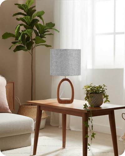 Gray Table Lamp, Small Wood Bedside Lamp with Gray Linen Lampshade & Dark Pearwood Base, Modern Nightstand Lamp for Bedroom, Kid's Room, Cute Desk Lamp with Cable, E26 Socket, LH07TL05