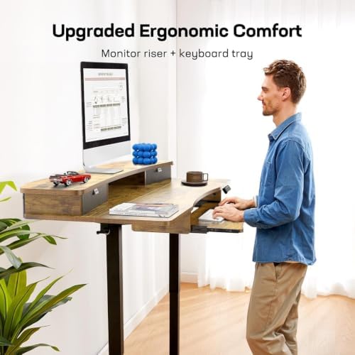 HUANUO 55" x 26" Electric Standing Desk, 2 Drawers & Keyboard Tray, Vintage