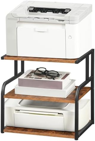 HOOBRO Printer Stand, 3-Tier Desktop Printer Table, Under Desk Printer Storage Office Organizer, Storage Rack with Adjustable Shelf, for Home Office, Kitchen, Living Room, Rustic Brown BF06PS01