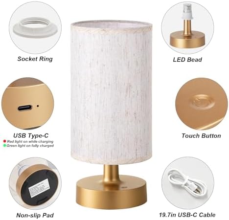 Kakanuo Cordless Table Lamp Rechargeable Small - 1 Pack Beige Gold, 4000mAh Battery Operated Lamp with Touch Control Stepless Dimming, Wireless Lamp for Bedside, Nightstand, Bedroom, Living Room