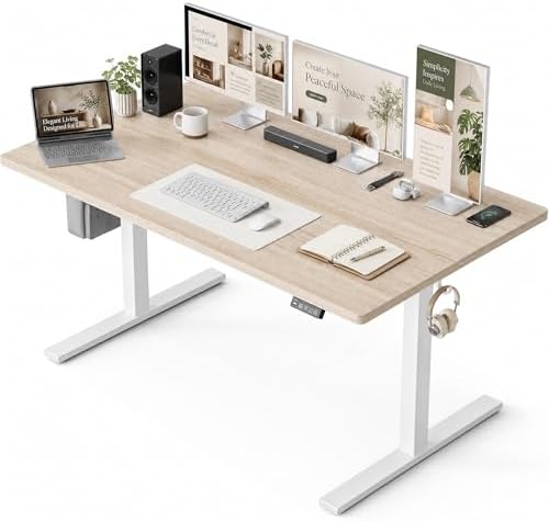 Grandder 55x32 Large Electric Standing Desk, Height Adjustable Computer Desk with 2 Memory Presets, 31.5" Deep Desktop Sit Stand Desk Home Office Desk Workstation Table with Hooks, Light Walnut