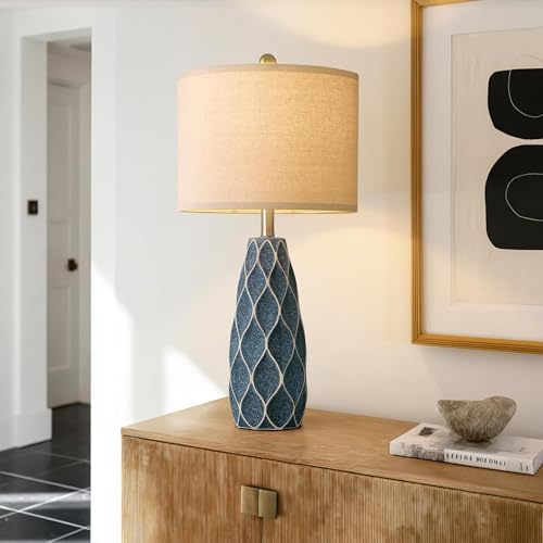 Ceramic Table Lamps Set of 2, 27.5" Blue Lamps for Bedroom Living Room
