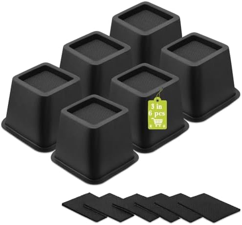 6 Pack Furniture Risers 3 Inch, Bed Risers Heavy Duty for Table Desk Couch Chair Sofa Cabinet Bed Frame Dorm, Square Table Leg Risers Lift Height 3", Black