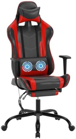 BestOffice Women's Red Gaming Chair, Sturdy Faux Leather, 360-Degree Rotating, Lumbar Support, Massage Vibration, Easy Assembly, 21.7"W x 20.9"D x 45"H