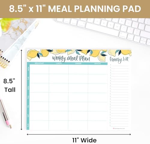bloom daily planners Horizontal Weekly Magnetic Meal Planning Pad for Fridge with Tear-Off Grocery Shopping List - Hanging Food/Menu Organizer Notepad with Magnets - 8.5” x 11” - Lemons