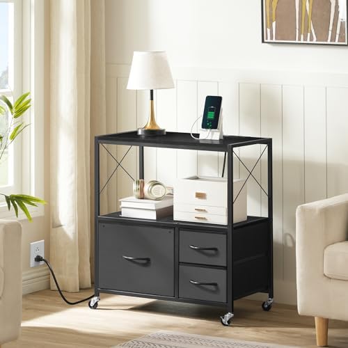 MAHANCRIS File Cabinet with Charging Station, 3 Drawer Lateral Filing Cabinet for Home Office, Mobile Printer Stand with Open Shelf, Fits A4/Letter Size File, Nonwovens Drawer, Black FCHB98E01