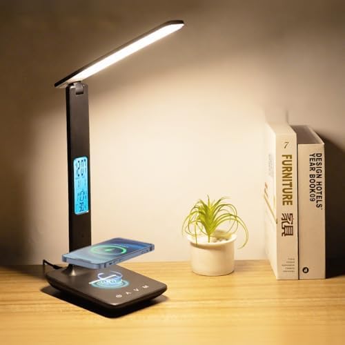 IHAO Multi-Functional Desk Lamp 10W Qi Wireless Charger 3 Color Modes 5 Brightness Levels Eye-Caring LED Light Faux Leather Finish Calendar Temperature Display Office Table Lamp TX26 Black