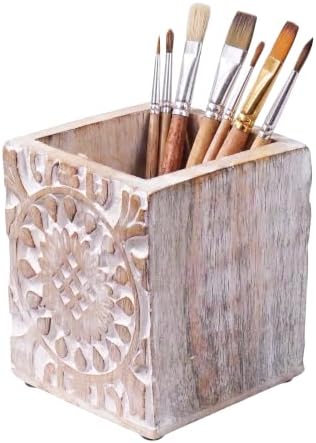 Mela Artisans Ajenta Mango Wood Pen Holder - Whitewash