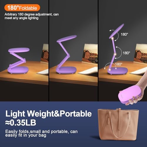 Akejrym LED Desk Lamp for Office Home & Battery Operated Lamp Rechargeable Lamp Foldable & Portable Light, [2-Fold Bracket] 3 Brightness Dimmable Small Desk Lamp Wireless Reading Lamp (Purple)