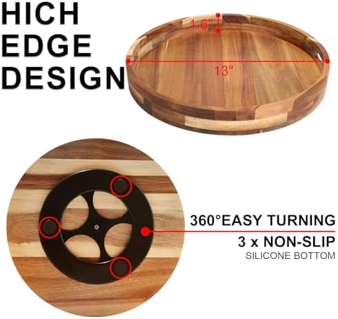 Acacia Wooden Lazy Susan for Table Top-12 Inch Wooden Lazy Susan Turntable with Double Handle-Large Acacia Wooden-Spice Organizer for Countertop, Table, Cabinet