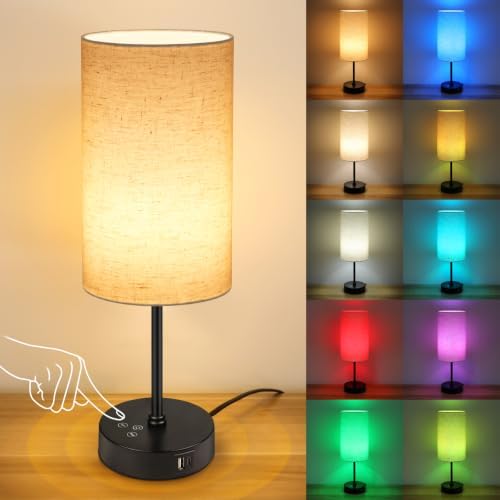 Unicozin 17Inch Table Lamp for Bedroom, Touch Control Bedside Lamp for Reading, 3 CCT & 7 RGB Color Changing, Dimmable Nightstand Lamp for Kids Room Living Room Office, Beige Shade