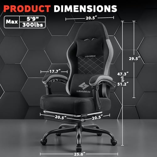 LEMBERI Ergonomic Big & Tall Gaming Chair with Footrest, Gray Fabric