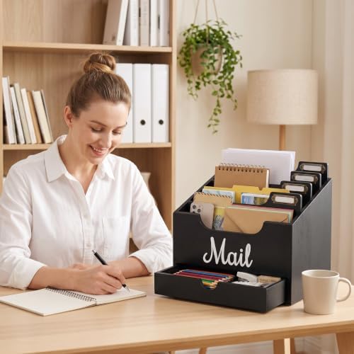 Rustic Wood Mail Organizer Countertop with Drawer, 4-Slot Removable Divider Mail Sorter, Black Desktop Mail Holder, Multi-Functional Bill File Stationary Organizer for Home Office Classroom