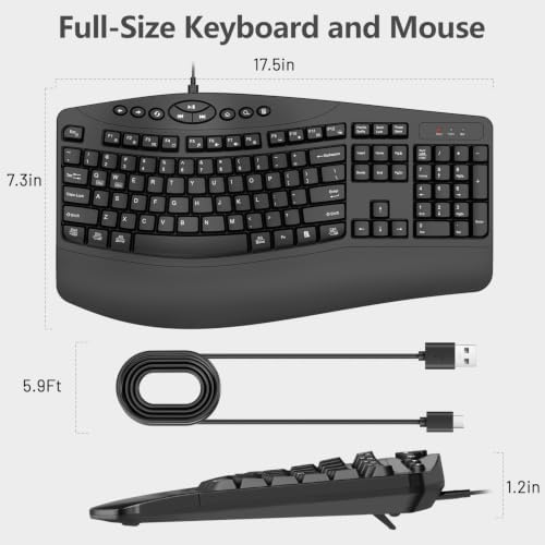 Wired Ergonomic Keyboard, Full-Size USB Computer Keyboard with Wrist Rest