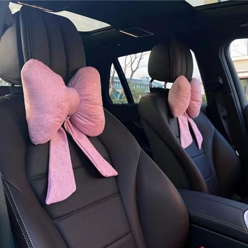 2PCS Chic Car Headrests with Bow-Shaped Cotton Linen Bowknot Neck Pillows for Cozy Road Trip & Cute Interior Decoration (Pink)