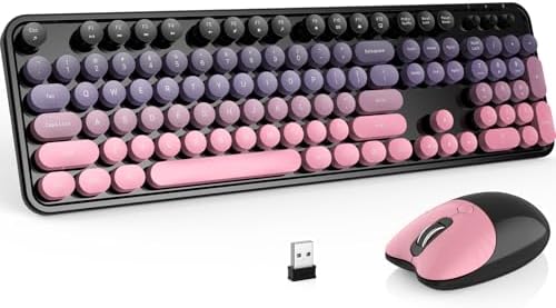 MOFII Wireless Keyboard and Mouse Combo, 2.4 GHz Full-Size Retro Round Keyboard and Mouse, Plug and Play, 8 Multimedia & Shortcut Keys for Mac, Windows, Laptop/Desktop/PC - Pink Gradient