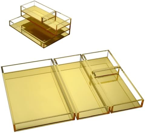Gold Acrylic Desk Organizer for Office or Home Desk Drawer Dividers, Makeup Vanity Storage Bins, Stackable 4-Pack, Acrylic Accessory and Half Accessory Tray/Small Tray