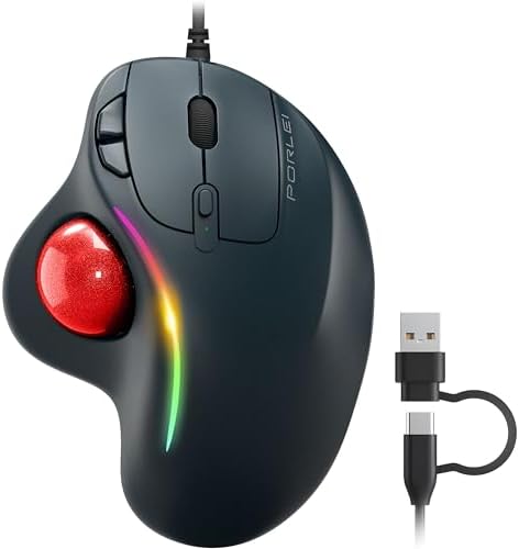 Wired Ergonomic Trackball Mouse, 34mm Thumb Control, RGB Lighting