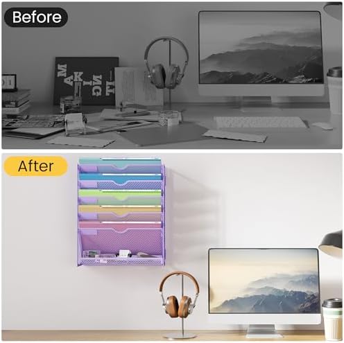 Hanging Wall File Organizer, Desk Organizer with Metal Mesh, 6-Tier