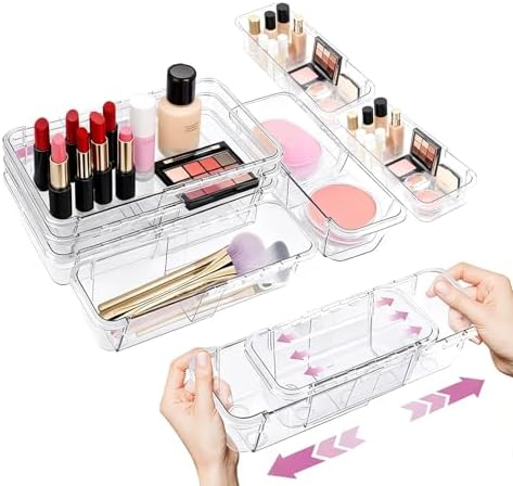 16 Pcs Extendable Clear Drawer Organizer, All Adjustable Vanity Storage Box, 2-Size Desk Drawer Organizer, Durable Storage Bins for Makeup, Cosmetic, Bedroom Dressers Tool Organizer for Gadgets