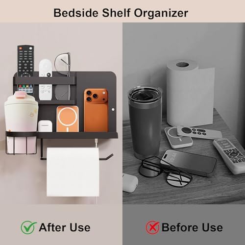 Bcareself Bedside Wall Organizer, Floating Bedside Shelf Wall Mount, Dorm Room Essentials, Remote Control Holder, Dorm Decor Organization and Storage Cool Teen Girls Trendy Stuff (Black)