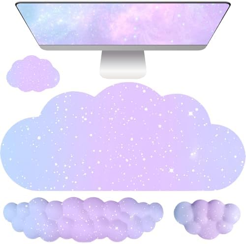 Cloud Mouse Pad Keyboard Wrist Rest for Mouse 4PCS Extended Large Stars Galaxy Space Desk Mat Pad Set Memory Foam Non-Slip Cute Ergonomic Game Mouse Wrist Support for Computer Home Office Purple Blue