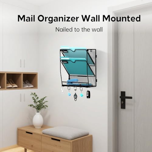3-Tier Wall File Organizer and Mail Organizer with 5 Hooks, Black