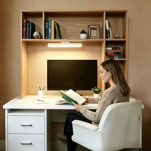3 Tier Desktop Bookshelf with Rechargeable Eye-Friendly LED Desk Light, Desk Hutch Organizer with 5 Shelves, Wooden Desk Bookshelf for Office, Dorm and Small Space, Burlywood