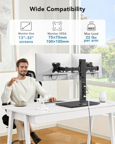 HUANUO Dual Monitor Mount with Power Outlet, Computer Monitor Stand with Sturdy Glass Base, Full Motion Dual Monitor Stand with Adjustable Height, Supports 13″-32″ Displays up to 22 lbs, Easy Setup