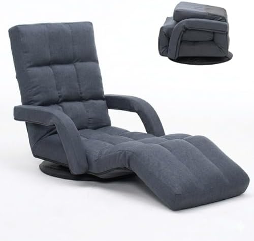 360° Swivel Floor Gaming Chair with Adjustable Footrest, 14-Position Folding Floor Lounger Sofa with Armrests, Reclining Floor Chair for Adults, Reading, Gaming & Relaxing (Grey)