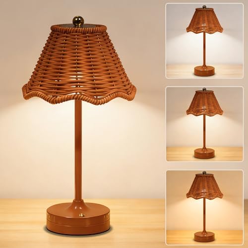 Cordless Rattan Table Lamp,Small Wicker Lamp,Vintage Boho Desk Lamp
